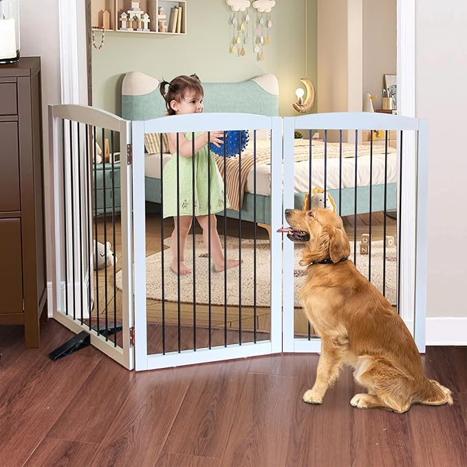 Foldable Wooden Freestanding Dog Gate - 32" H, 3 Panels, Stairs/Doorways, Support Feet Included, White