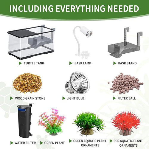 (Tank + Light + Filter + Filter Balls) Turtle Tank Kit, Turtle Tank Starter Kit,Bottom Drainage, Multi-Function Areas for Turtles, Crabs,Fishes, Amphibians,Reptiles. (21.65 × 12.28 × 12.28 Inch)