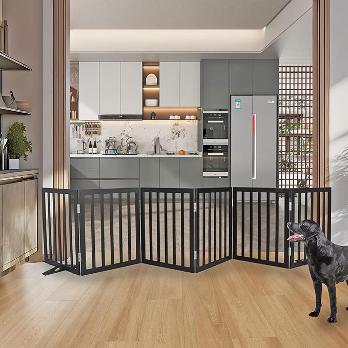 ZJSF Freestanding Indoor Dog Gate for House Foldable Wood Puppy Gate for Doorways Pet Gate for Stairs Extra Wide Pet Fence, Black, 24" Height 6 Panels