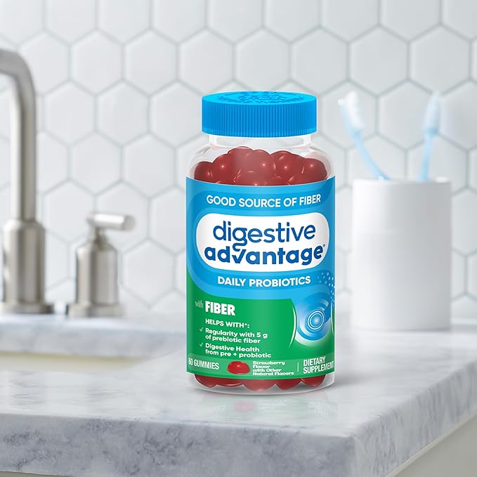 Digestive Advantage Prebiotic Fiber Gummies + Probiotics for Gut Health, 5g Prebiotic Fiber Plus 1 Billion CFU Probiotic, Supports Digestive Health & Regularity, (60ct Bottle) Strawberry Flavor*