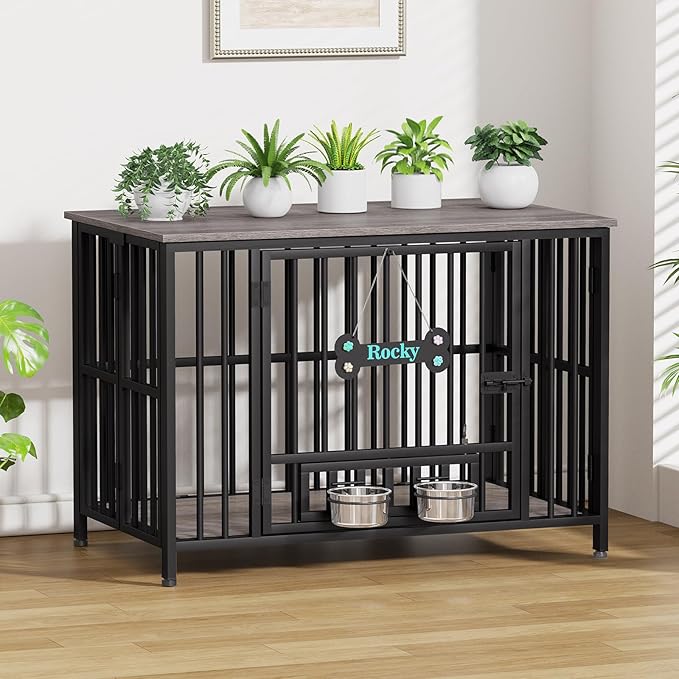 Easycom 41" Dog Crate Furniture Foldable, No Assembly Decorative Dog Kennel Indoor, Dog Crates for Large Dogs (40-65 lbs), Wooden Dog Cage with Adjustable Bowls and Name Tag, End Table, Oak Grey