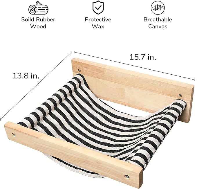 FUKUMARU Hammock Wall Mounted Cat Beds and Perches, Wooden Kitten Walls Furniture, Stable Cats Shelves for Sleeping, Playing, Climbing, and Lounging, Black Stripe
