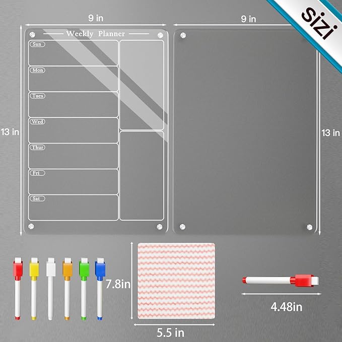 2PCS 9"X13" Acrylic Weekly Planner for Fridge,Acrylic Magnetic Menu Board for Kitchen,Magnet Weekly Calendar for Fridge,Clear Meal Planner for Refrigerator with 6 Markers