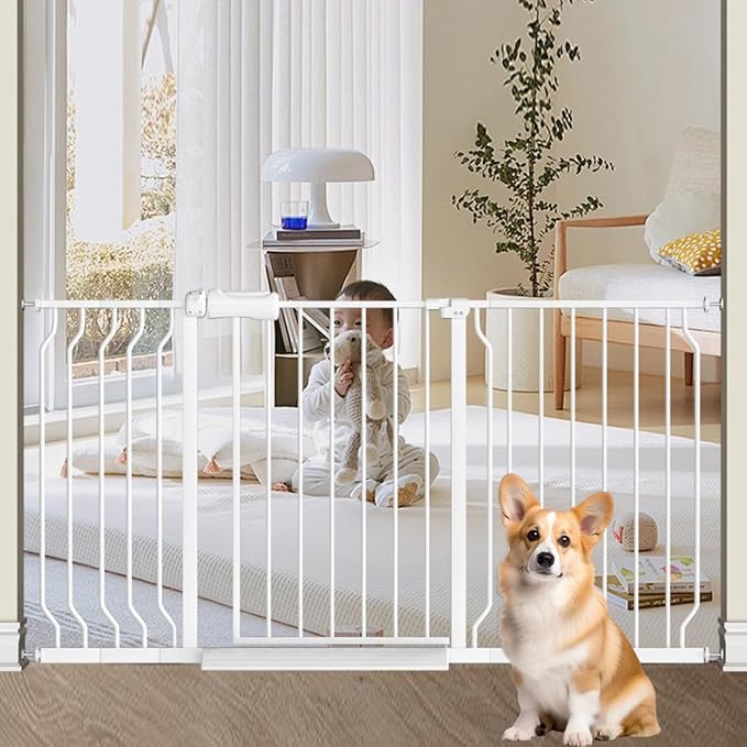 TSAYAWA Walk Through Baby Gate with Door, 48.1-52.7 Inch Wide Presure Mounted No Drill Metal Auto Close Child Gate for Stair Doorway - Indoor Outdoor Safty Gate for Toddler Dog Doggie, White