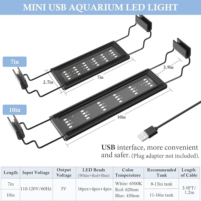 FEDOUR USB Mini Aquarium LED Light, Full Spectrum Aquarium Light with Extendable Brackets, Adjustable Aquarium Plant Light with External Controller, for Freshwater Tank (8-13in)