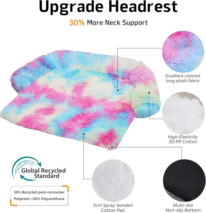 GGIB Calming Dog Bed Fluffy Plush Dog Mat for Furniture Protector with Removable Washable Cover for Large Medium Small Dogs and Cats (Medium, Rainbow)