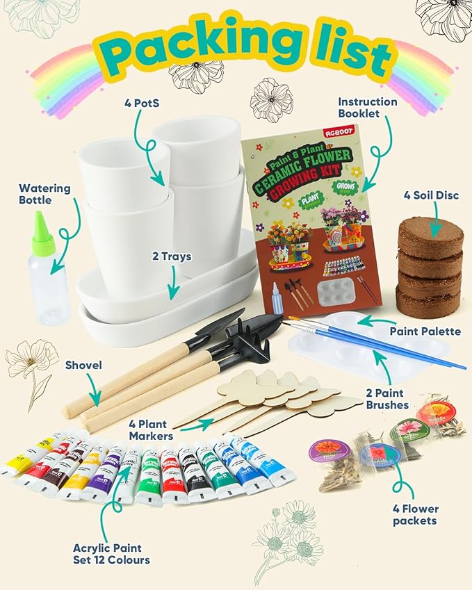 RGBDOT Kids Gardening Set Paint and Plant Stoneware Flower Gardening Kit with 4 Pots Arts and Crafts for Kids Ages 8-12 Best Children’s Day Gift for Girls Boys Ages 5 6 7 8 9 10