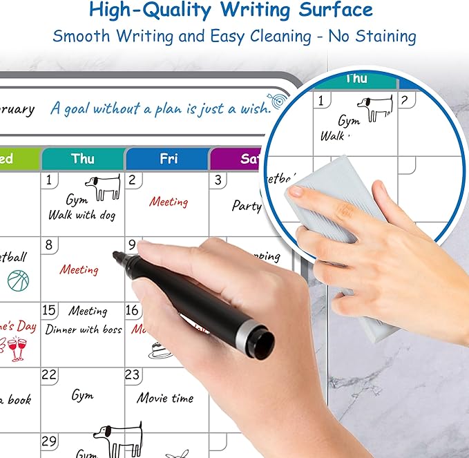 4-Pack Non-Magnetic Dry Erase Calendar Board Set – Monthly, Weekly, Daily, to-Do List Planner – Whiteboard for Stainless Steel Fridge, Wall, Glass, Door – Family, Office, Classroom Organizer