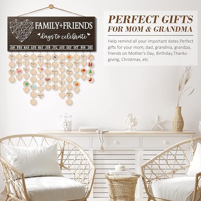 Christmas Grandma Gifts for Mom from Daughter, Wood Family Birthday Reminder Calendar Board Wall Hanging DIY Birthday Tracker Plaque with 120 Tag, Best Mom Dad Grandma Gifts for Birthday Thanksgiving