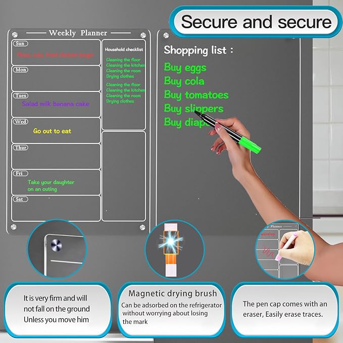 2PCS 9"X13" Acrylic Weekly Planner for Fridge,Acrylic Magnetic Menu Board for Kitchen,Magnet Weekly Calendar for Fridge,Clear Meal Planner for Refrigerator with 6 Markers