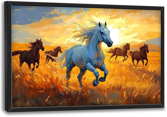 Framed Large Horse Wall Art for Living Room, Oversized Running Horses Wall Decor, Sunset Field Landscape Canvas Painting Home Decoration for Living Room Bedroom Dining Room Office 36"x24"