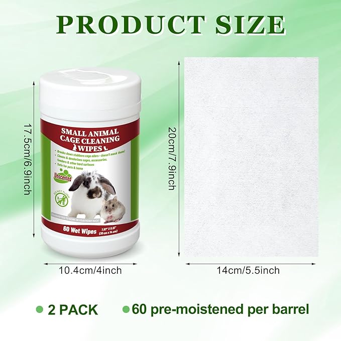 2 Pack Small Animal Cage Wipes 120 Count Small Animal Cage Clean up Wipes Removes Stubborn Caked-on Hamster Cage Cleaner for Pet Bunny Supplies Cleaning Deodorizing