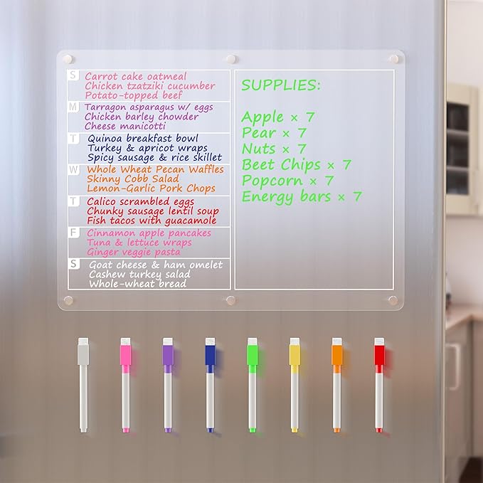 Acrylic Magnetic Dry Erase Board for Fridge, Clear Whiteboard for Refrigerator, Notepad Memo to Do/Grocery List White Board, w/ 8 Colors Markers, 15 x 11