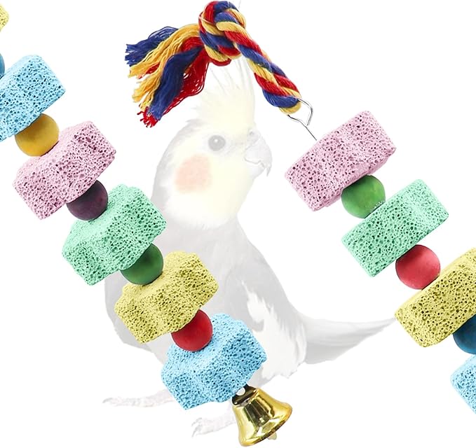 2 Pack Bird Chewing Toy, Colorful Parrot Beak Grinding Calcium Stone with Bells, Cage Accessories for Cockatiels Parakeets Parrots Budgies Lovebirds Rat Hamster Chinchilla Rabbit Bunny African Grey