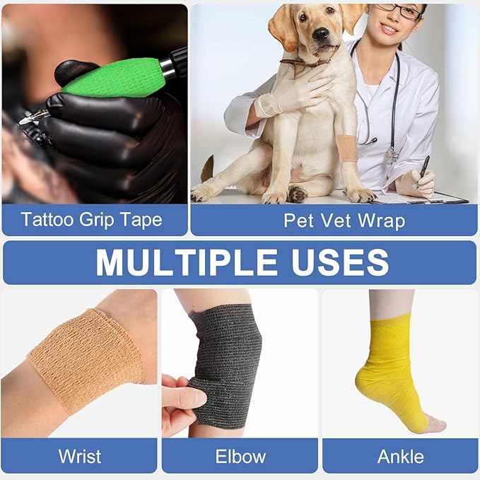 24 Pack Self Adhesive Bandage Wrap 2 Inch, Cohesive Medical Tape for Sports, Elastic Vet Wrap for Athletic, Ankle, Wrist Sprains, Pet First Aid