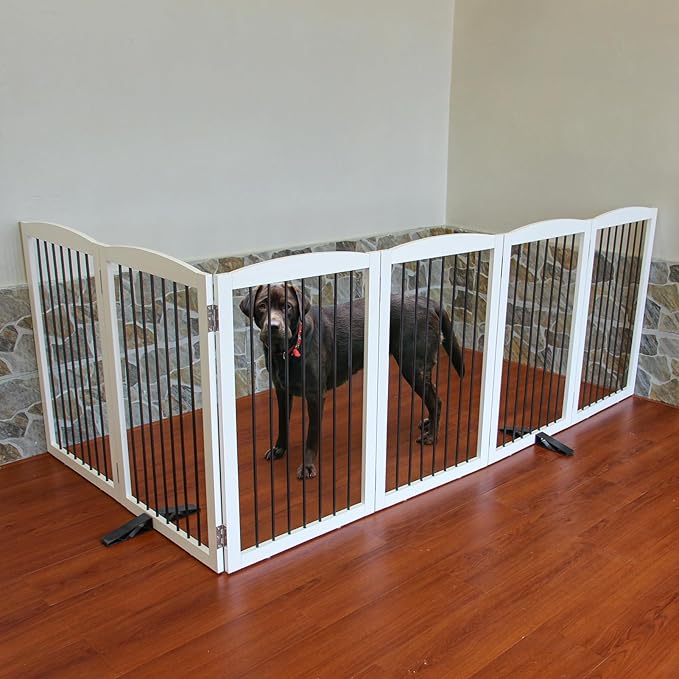 Freestanding Panel Dog Gate for Indoor, Doorways,Stairs, or Hallways,Foldable Wooden Dog Gates for House,Pet Gate for Dogs,Dog Fence, Puppy Gate,Support Feet Included,32 "Height-6 Panels,White