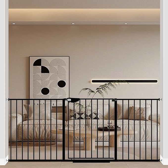 WAOWAO Triple Lock 68.11-75.98" Baby Gate Extra Wide Pressure Mounted Walk Through Swing Auto Close Safety Black Metal Dog Pet Puppy for Stairs,Doorways,Kitchen
