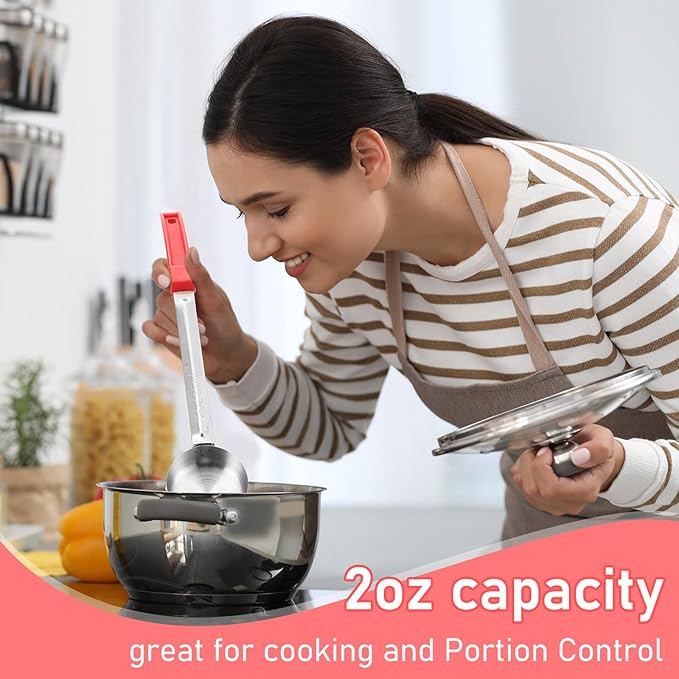 16 Pcs Portion Control Serving Spoons, Restaurant Measuring Serving Ladle Utensils, Portion Control Slotted Scoops for Weight Loss, Solid and Perforated Scoops(Red,2 oz)