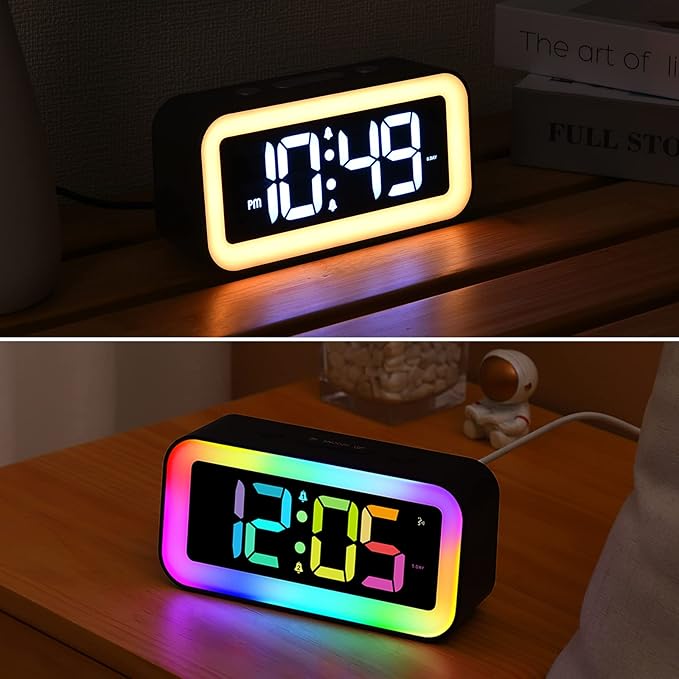 Cadmos Loud Alarm Clock for Bedrooms with Dynamic RGB Night Light,Heavy Sleepers Adults,Dual Alarm,Dimmer,USB Charger,Small Bedside Digital Clock with Led Display for Kids,Teens,Seniors (Black)