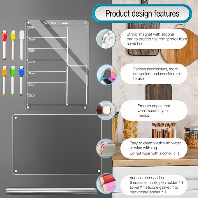 2PCS 9"X13" Acrylic Weekly Planner for Fridge,Acrylic Magnetic Menu Board for Kitchen,Magnet Weekly Calendar for Fridge,Clear Meal Planner for Refrigerator with 6 Markers