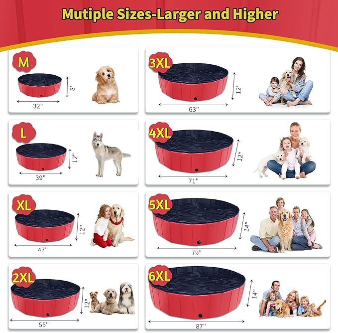 Foldable Dog Pool, 55" x 12" Kiddie Pool with Hard Plastic, Non-Slip Dog Bath Tub for Outdoor Backyard, Collapsible Dog Swimming Pool for Kids Dogs Pets (Red)
