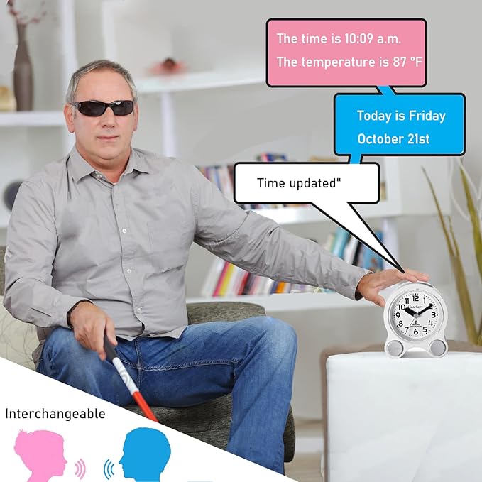 Atomic Talking Clock Clear Voice Time and Date with Snooze and Light, Clocks for Seniors 5 Sets of Separate Alarms Non Ticking Volume Control(All Black)