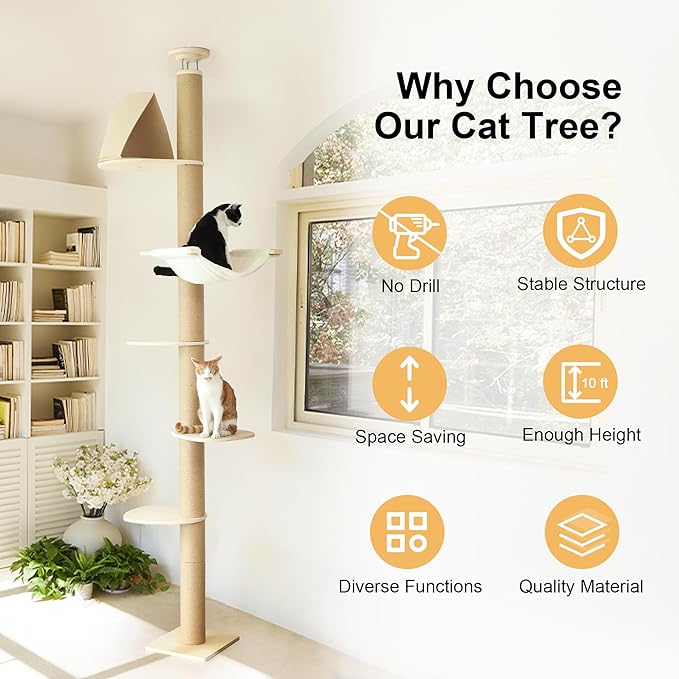FUKUMARU Floor to Ceiling Cat Tree, 6 Level Adjustable Height (6-10 ft) Climbing Tower with Thickened Scratching Posts, Cats Activity Center with Cozy Hammock - Beige