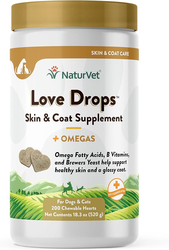 NaturVet Love Drops Plus Omegas Skin & Coat Supplement for Dogs and Cats – for Dog Skin, Cat Coats – Includes Brewer’s Dried Yeast, Omega-3, Omega-6 – Peanut Butter Flavor – 200 Ct.