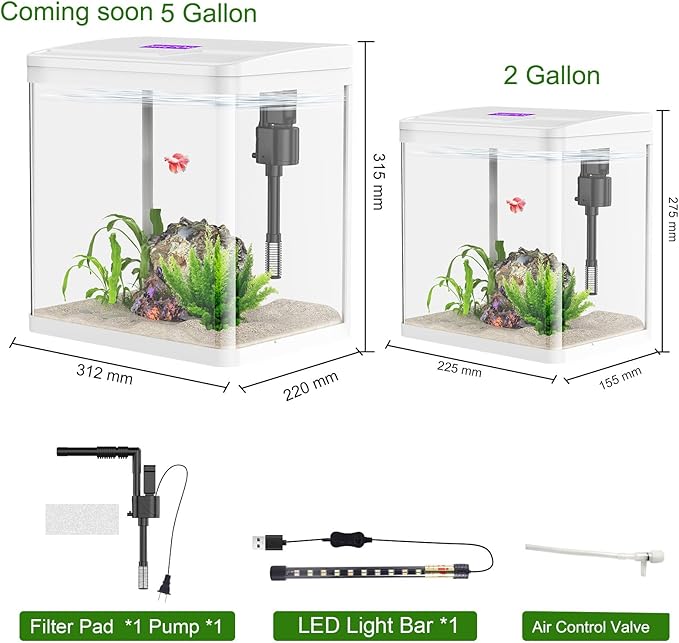2 Gallon Betta Fish Tank Starter Kit, Self-Cleaning Aquarium with Built-in Filter and LED Light