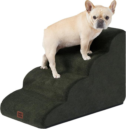 EHEYCIGA Curved Dog Stairs Ramp for High Beds 19.7" H, 4-Step Dog Steps for Small Dogs and Cats, Pet Stairs for High Bed Climbing, Non-Slip Balanced Pet Step Indoor, Olive Green