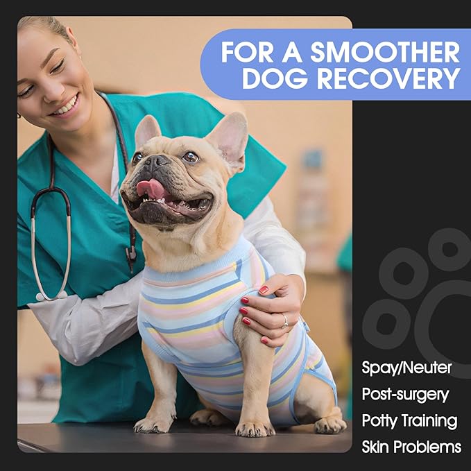 FUAMEY Recovery Suit for Dogs After Surgery,Soft Breathable Dog Bodysuit E-Collar & Cone Alternative Surgical Suit,Male Female Dog Neuter Spay Suits Anti Licking Wounds Onesie Blue Yellow Stripes XS