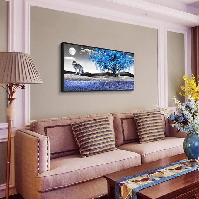 Framed Canvas Wall Art For Living Room Family Wall Decorations For Bedroom Modern Office Wall Decor Paintings Blue Tree Landscape Pictures Artwork Canvas Art Prints Home Decor Black Frame 20" X 40"