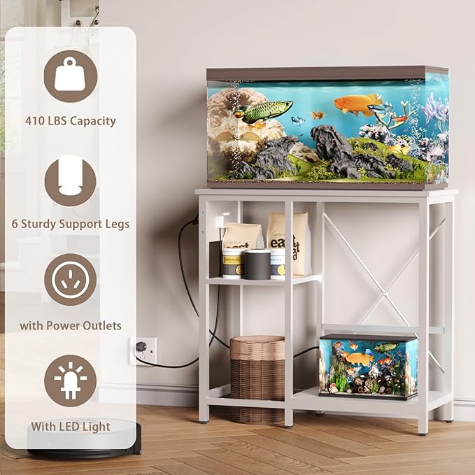 20-29 Gallon Fish Tank Stand with Power Outlet & LED Light, Metal Aquarium Stand with 3 Tier Adjustable Storage Shelves, Tank Stand for Reptile Tank, Turtle Tank, 30.7" L*13.8" W, White