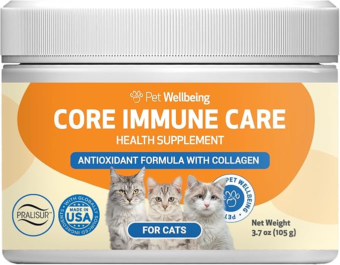 Pet Wellbeing Core Immune Care for Cats of All Ages - Daily Antioxidants, Immune Support, Collagen, Glutathione, Vitamin E - Veterinarian-Formulated Holistic Supplement 3.7 oz (105 g) Powder