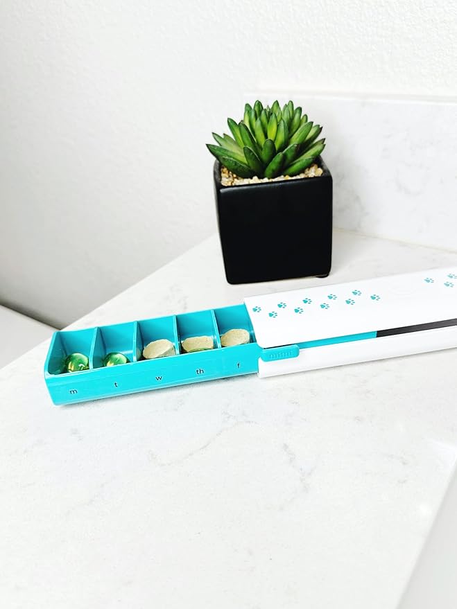 Pet Pill Box Organizer, 7-Day Medicine Container with Paw Print Design, White and Aqua. Pill Container for Vitamin Management, Daily Pill Holder for Dogs and Cats