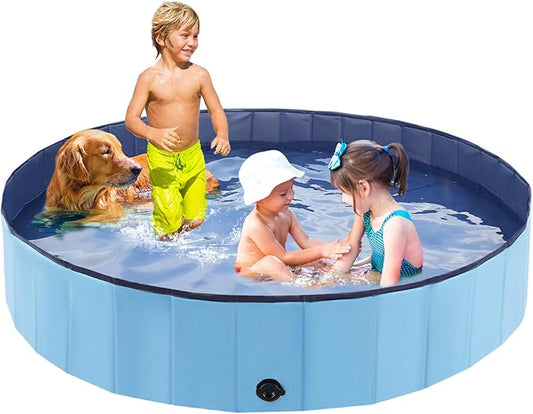 Foldable Dog Bath Swimming Pool Plastic Kiddie Pool Professional Tub Collapsible Grooming Bathtub for Pets Kids Baby and Toddler, 87 x 12 Inches Blue