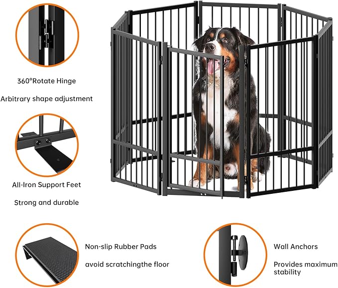 Full Metal Freestanding Dog Gate with Door, 32''Height Foldable Pet Dog Fence for Indoor & Outdoor, 8 Panels Extra Wide Free Standing TallDog Gates for Doorways,House,Stairs,Porch,Deck,Yard