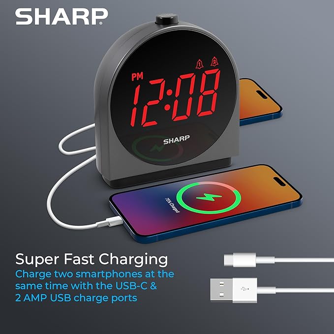 Sharp Alarm Clock for Bedroom, 2 Alarms, Easy to Read Display, Simple Basic Digital Clock with Dual USB and USB-C Charging Ports, Dimmable, Snooze, Perfect for Kids, Teens, Senior, Home Office