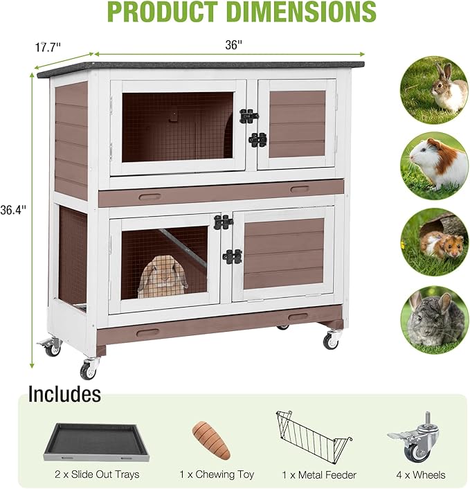 2-Story Rabbit Hutch Indoor Bunny Cage Wooden Guinea Pig House with Chew-Proof Ramp, Leakproof Slide-Out Trays, Lockable Caster Wheels for 1-3 Rabbits (Brown)