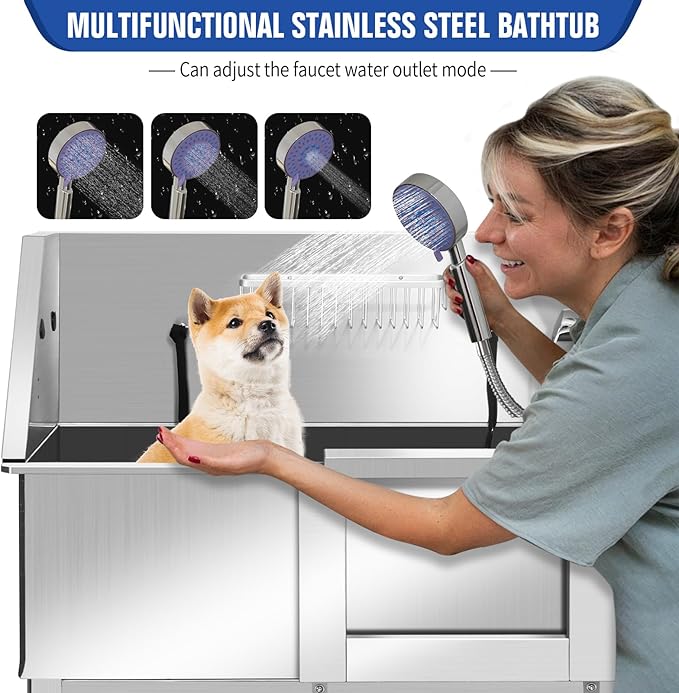 Stainless Steel Dog Washing Station, Pet Grooming Tub W/Storage Stairs, Faucet & Showerhead & Soap Holder Dog Bathtub for Large & Medium & Small Pets,34" R-RAMP