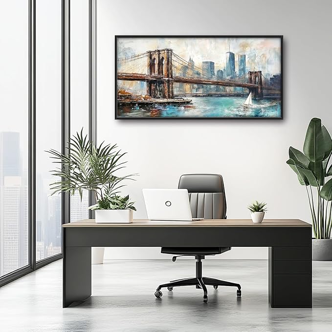 Extra Large Framed Brooklyn Bridge Wall Art,New York City Wall Decor,Abstract Skyline Cityscape Pictures for Living Room,Canvas Print Painting Modern Artwork Bedroom Office Bathroom 60L x30W