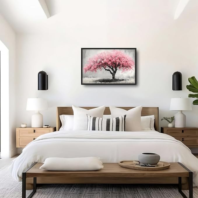 Extra Large Framed Pink Tree Wall Art,Abstract Tree of Life Wall Decor,Pink and Grey Pictures for Living Room,Canvas Print Painting Modern Artwork Bedroom Office Bathroom Home Decor 36L x24W