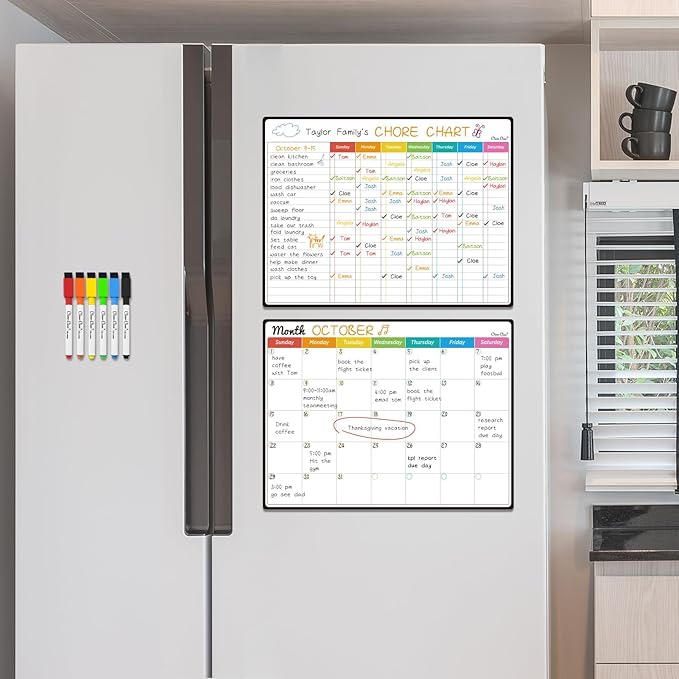 Magnetic Dry Erase Chore Chart, Monthly Calendar Set - 14.5"x11" Monthly Calendar, Chore Board for Fridge - 6 Extra Fine Point Markers Included - Shipped Flat