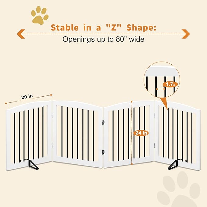 Freestanding Pet Gate for Dogs, Foldable Wooden Dog Gate for House, Indoor Dog Gate for Stair, Doorway, Gates for Dogs Indoor, 80 Inch Wide, 4 Panels 24",White