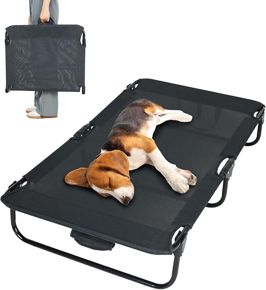 Elevated Dog Bed for Large Pet with No-Slip Feet, Foldable Portable Washable Raised Bed for Indoor&Outdoor Camping Dog Cot, with Cooling Waterproof Breathable Mesh (Medium, Black-Textilene)
