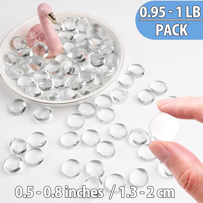 1 LB Clear Glass Marbles, Transparent and Smooth Flat Glass Beads for Vases, Mosaic Gem Pebbles for Aquarium Decor, Floral Arrangements, Mancala Stones, Vase Filler and Crafts (Approx. 80-100 PCS)