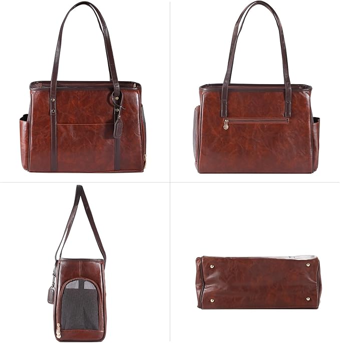 Fashion Dog Carrier Purse, Premium Leather Cat Carrier Bag, Airline Approved Soft Sided Pet Travel Tote Bag with Pockets Coffee