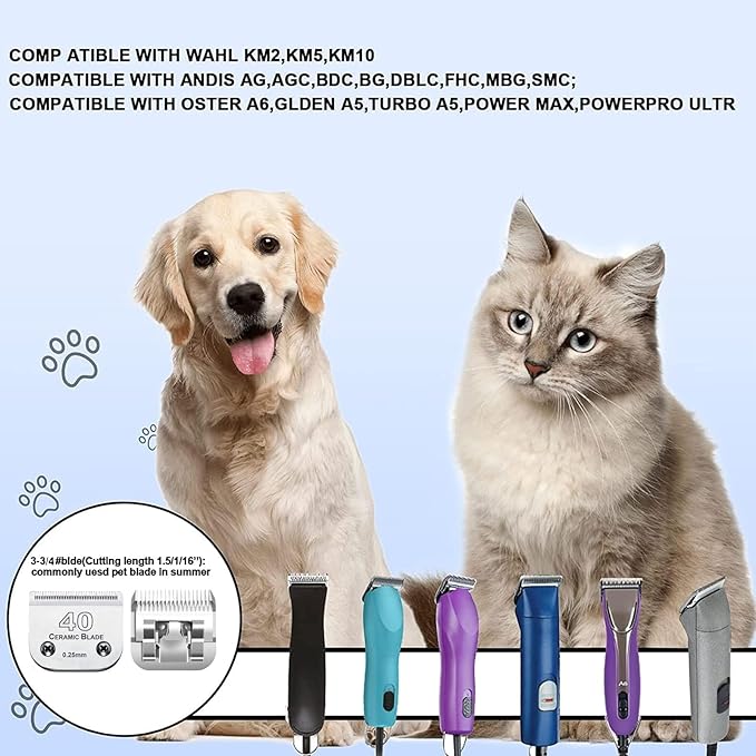 2Pack #40 Dog Grooming Clipper Replacement Blades - Compatible with Andis/Wahl/Oster, Detachable Ceramic & Stainless Steel Blade, Size 40, Cut Length 1/100" (0.25mm)