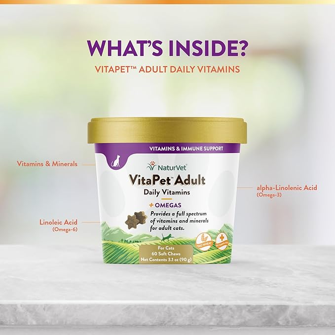 NaturVet VitaPet Senior Daily Vitamins for Cats Plus Glucosamine, Specifically Formulated to Provide Essential Minerals, 90 g, 60 Count