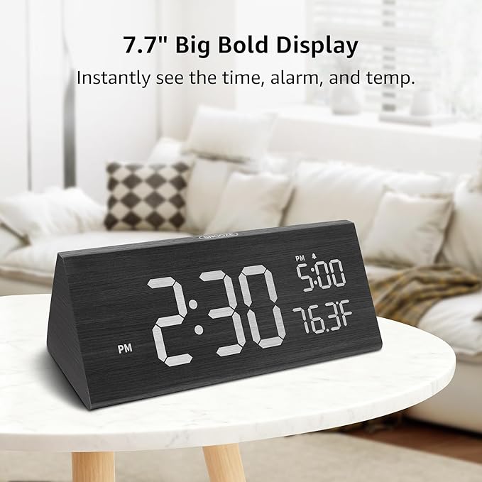 OhM-ega Wooden Digital Alarm Clock, Electric Clocks with Dual USB Port, Large Numbers, Temperature Display, Brightness Dimmer, Sound-Activated Display, Snooze, 12/24H, Black
